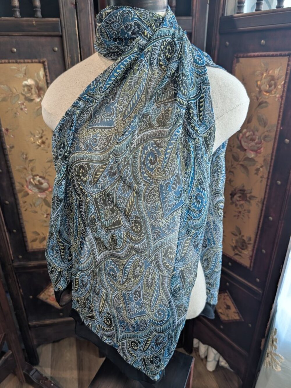 J.Jill Wearever Collection 100% Silk Paisley Scarf Teal Blue Black Long Oblong